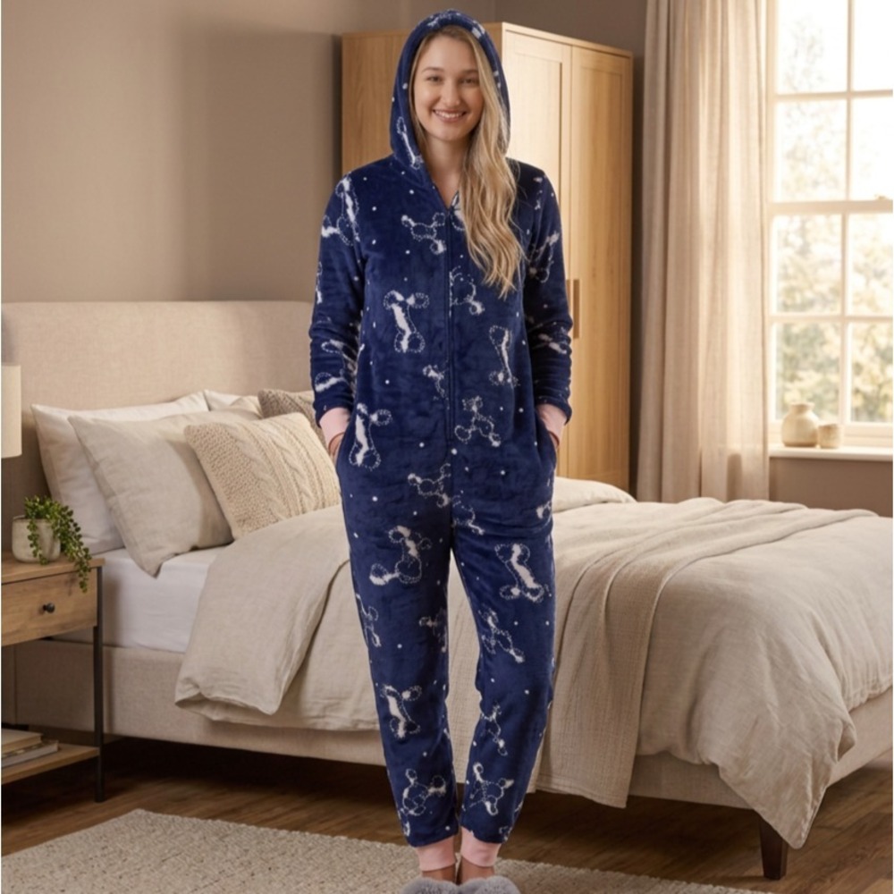 Hale Bob Poodle Pajama One Piece XL Soft Velour Hoodie Jumpsuit PJs Dark Blue